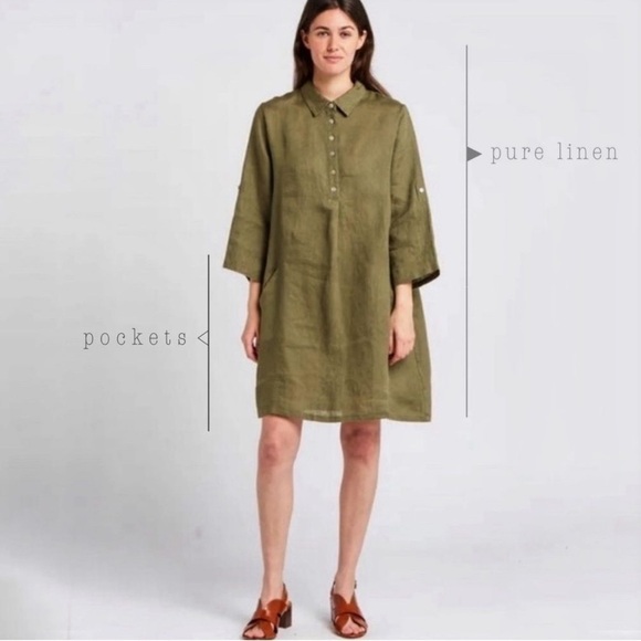 Elena Baldi NEW Green Army Oversized 100% Pure Linen Italian Dress Midi Medium - Picture 1 of 16